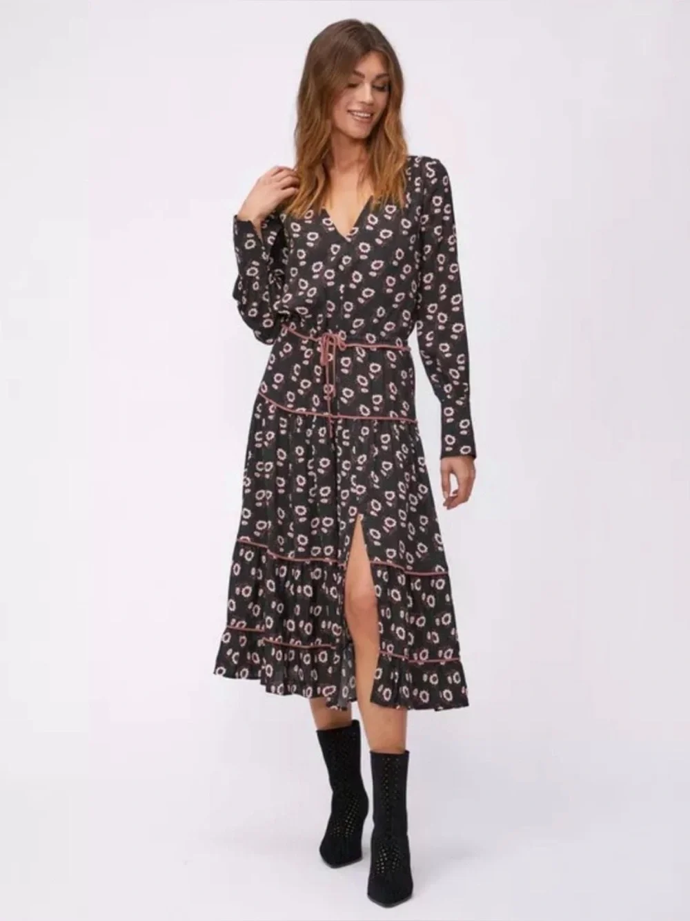 PAIGE Christine Long Sleeve Midi Dress Large Black Floral Boho Tiered Tie Waist